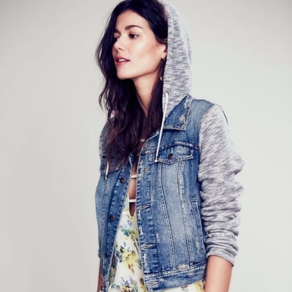 Free People Distressed Denim & Knit French Terry Hoodie Jacket,Blue/Gray, Size L
